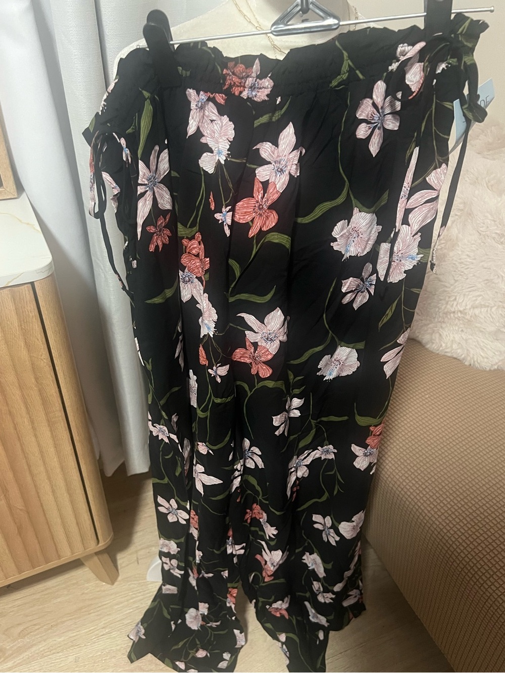 Black Floral wide leg beach cover up with Pink & Coral Flowers